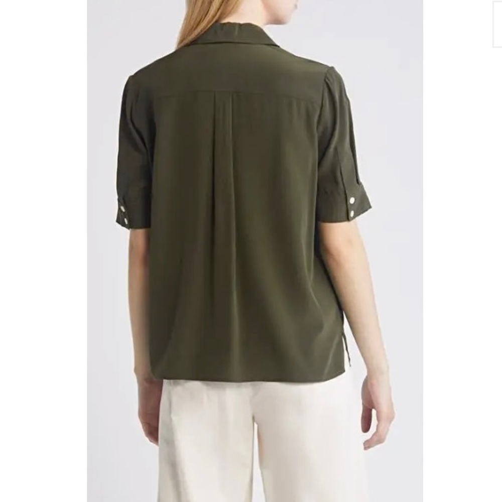 FRAME Silk Short Sleeve Flap Pocket Button Up Shirt Blouse Military Green LG - Picture 3 of 16
